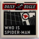 LEGO White Tile 2 x 2 with Newspaper 'DAILY BUGLE' and 'WHO IS SPIDER-MAN' with Groove (3068)
