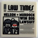 LEGO White Tile 2 x 2 with Newspaper 'LAW TIMES' and 'NELSON + MURDOCK WIN BIG LAWSUIT' with Groove (3068)