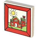 LEGO White Tile 2 x 2 with Red House and Sun with Groove (3068)