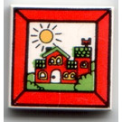 LEGO White Tile 2 x 2 with Red House and Sun with Groove (3068)
