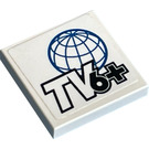 LEGO White Tile 2 x 2 with TV6+ and Blue Grid Globe on White Background Sticker with Groove (3068)