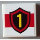 LEGO White Tile 2 x 2 with Yellow Number 1 in Fire Badge Sticker with Groove (3068)