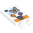 LEGO blanc Tuile 2 x 3 avec Horizontal Clips avec Butterfly et Fleurs Picture Autocollant (Pinces épaisses ouvertes en «O») (30350)