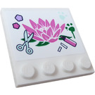 LEGO Weiß Fliese 4 x 4 mit Bolzen auf Kante mit Blume, Scissors und Marker Pen Aufkleber (6179)