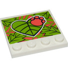 LEGO Weiß Fliese 4 x 4 mit Bolzen auf Kante mit Lime Blätter und Coral Paw Aufkleber (6179)