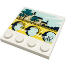 LEGO White Tile 4 x 4 with Studs on Edge with Painting of River, Bridge and Church Sticker (6179)