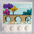 LEGO White Tile 4 x 4 with Studs on Edge with Painting of River, Bridge and Trees Sticker (6179)