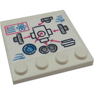 LEGO White Tile 4 x 4 with Studs on Edge with Robot Construction Diagram and Pink Arrows Sticker (6179)