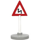 LEGO White Triangular Road Sign with attention curved road pattern (with arrow) with Base Type 2