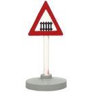 LEGO White Triangular Roadsign with level crossing pattern with Base Type 2