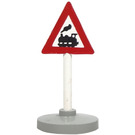 LEGO White Triangular Roadsign with train crossing (left) pattern with Base Type 2