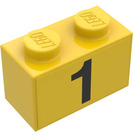 LEGO Yellow Brick 1 x 2 with Black "1" Sticker from Set 374-1 with Bottom Tube (3004)