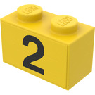 LEGO Geel Steen 1 x 2 met Zwart "2" Sticker from Set 374-1 met buis aan de onderzijde (3004)