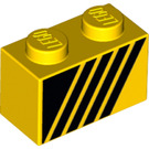LEGO Yellow Brick 1 x 2 with black diagonal lines with Bottom Tube (3004 / 31916)