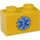 LEGO Yellow Brick 1 x 2 with EMT Star of Life Sticker with Bottom Tube (3004)