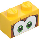 LEGO Yellow Brick 1 x 2 with Green Eyes with Brown Surround with Bottom Tube (3004 / 103765)