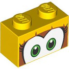 LEGO Yellow Brick 1 x 2 with Green Eyes with Brown Surround with Bottom Tube (3004 / 103765)