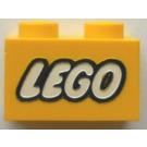 LEGO Geel Steen 1 x 2 met Lego logo met gesloten 'O' met buis aan de onderzijde (3004)
