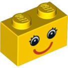 LEGO Gelb Backstein 1 x 2 mit Smiling Gesicht mit Eyelashes mit Unterrohr (3004 / 89080)