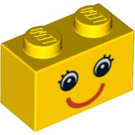 LEGO Yellow Brick 1 x 2 with Smiling Face with Eyelashes with Bottom Tube (3004 / 89080)