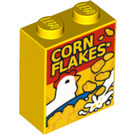 LEGO Yellow Brick 1 x 2 x 2 with ‘CORN FLAKES’ Cereal Box with Inside Stud Holder (3245 / 34680)