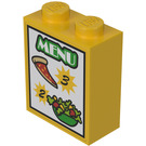 LEGO Gelb Backstein 1 x 2 x 2 mit 'MENU', '2', '3', Pizza Slice, Salad Aufkleber mit Innenbolzenhalter (3245)