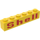LEGO Yellow Brick 1 x 6 with Red 'Shell' Wide Pattern with rounded 'e' (3009)