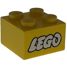 LEGO Geel Steen 2 x 2 met Lego logo Old Style Wit met Zwart Outline (3003)