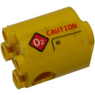 LEGO Yellow Brick 2 x 2 x 2 Round with 'CAUTION' and red sign 'O2' on left side Sticker with Bottom Axle Holder 'x' Shape '+' Orientation (30361)