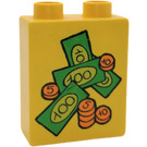 LEGO Yellow Duplo Brick 1 x 2 x 2 with Bills and Coins without Bottom Tube (4066)