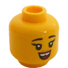 LEGO Yellow Female Minifigure Head with Black Eyebrows, Smile with Tongue / Closed Eyes and Wide Grin with Teeth (Recessed Solid Stud) (3626)