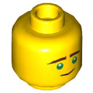 LEGO Yellow Minifigure Head (Lloyd) with Brown Eyebrows, Green Eyes, Lopsided Smile / Concerned Dual Expression (Recessed Solid Stud) (3626 / 34547)