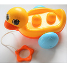 LEGO Yellow Pull-along Duck looking left with orange beak and light blue wheels