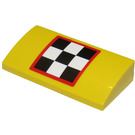 LEGO Geel Helling 2 x 4 Gebogen met Checkered Vlag Sticker met buizen aan de onderzijde (88930)