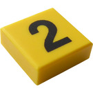 LEGO Geel Tegel 1 x 1 met Zwart "2" met groef (3070)