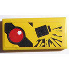 LEGO Yellow Tile 1 x 2 with Red Buzzer and Explosion pattern Sticker with Groove (3069)