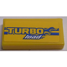 LEGO Gelb Fliese 1 x 2 mit 'TURBO load', Blau Flames und Lines Aufkleber mit Nut (3069)