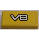 LEGO Yellow Tile 1 x 2 with White 'V8' on Yellow Background Sticker with Groove (3069)