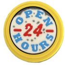 LEGO Yellow Tile 2 x 2 Round with 'OPEN 24 HOURS' Sticker with Bottom Stud Holder (14769)