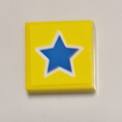 LEGO Yellow Tile 2 x 2 with Dark Azure Star Sticker with Groove (3068)