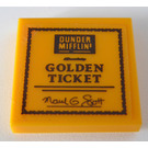 LEGO Yellow Tile 2 x 2 with 'DUNDER MUFFIN' and 'GOLDEN TICKET' Sticker with Groove (3068)