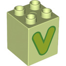 LEGO Geelachtig groen Duplo Steen 2 x 2 x 2 met Letter "V" Decoratie (31110 / 65945)