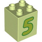 LEGO Gelblich-grün Duplo Backstein 2 x 2 x 2 mit Number 5 (31110 / 77922)