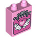 Duplo Bright Pink Brick 1 x 2 x 2 with pink heart in hands sign with Bottom Tube (15847 / 33356)