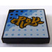 LEGO Black Tile 2 x 2 with Yellow Title on White and Blue Background with Dots with Groove (3068)