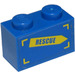 LEGO Blue Brick 1 x 2 with &#039;RESCUE&#039; on Yellow Arrow (Left) Sticker with Bottom Tube (3004)
