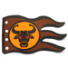LEGO Brown Cloth Flag with Waves and Black Bull Head with Red Eyes in Orange Circle with Black Borders