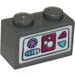 LEGO Dark Stone Gray Brick 1 x 2 with Magenta, Medium Azure, and Medium Lavender Icons Sticker with Bottom Tube (3004)