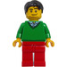 LEGO Male with Black Short Tousled Hair, Stubble Beard, Green V-Neck Sweater, and Red Legs Minifigure