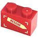 LEGO Red Brick 1 x 2 with &#039;RESCUE&#039; on Yellow Arrow (Left) Sticker with Bottom Tube (3004)